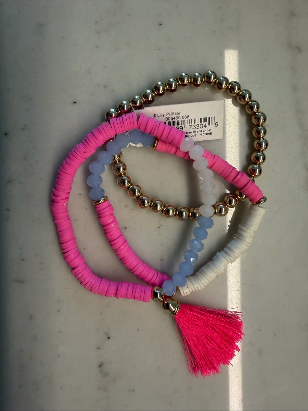 Lilly Pulitzer Bright Pink Tassel & Bead Bracelet Stack ~ NEW